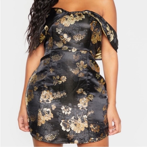 ππ€ Pretty Little Thing Shape Black Floral Bardot Bodycon Dress US12 NWT π€π - Picture 3 of 8